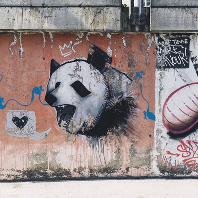 Wandmalerei mit einem Panda-Kopf und einem Wurm auf einer Mauer. | © Adeline Gressin