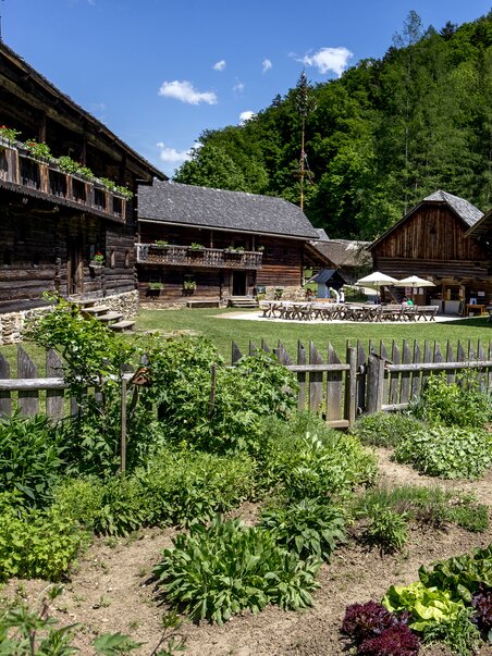 Visitors exploring the garden at the Stübing Open Air Museum. | © Region Graz - Tom Lamm