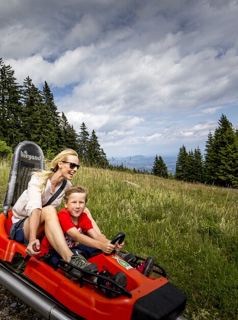 A mother and her son ride a summer toboggan in the mountains. | © Region Graz - Tom Lamm