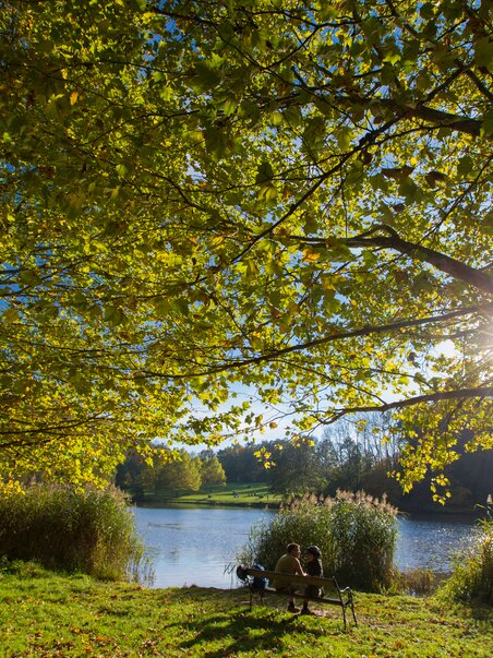 Ein Paar sitzt auf einer Bank am Ufer des Sees, umgeben von Bäumen und Sonnenschein. | © Region Graz - Harry Schiffer