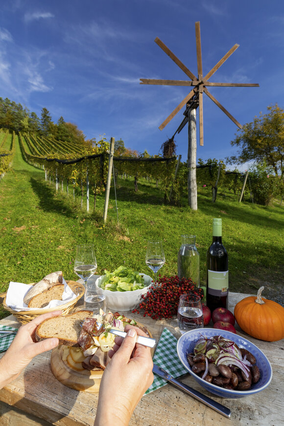 Ein reichhaltiges Essen in den Weinbergen der Südsteiermark. | © Steiermark Tourismus - Harry Schiffer