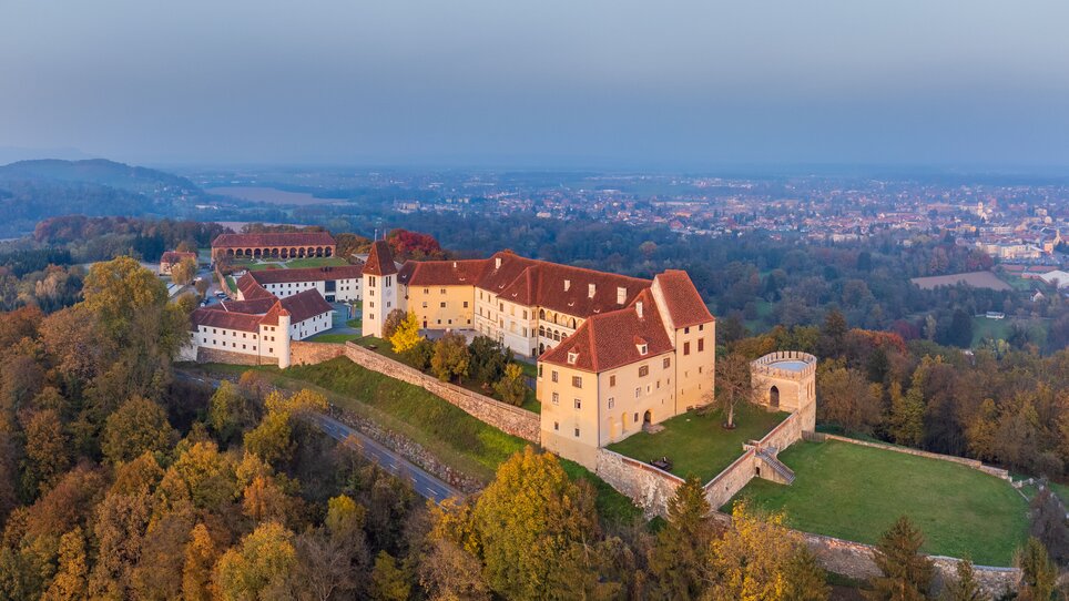 Luftaufnahme von Schloss Seggau, umgeben von Wäldern und mit Blick auf Leibnitz. | © Janez Kotar