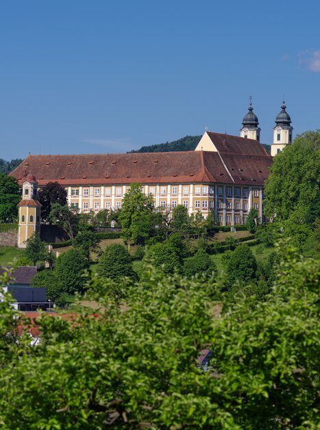 Blick auf das barocke Schloss Stainz mit Bäumen im Vordergrund | © Universalmuseum Joanneum - Nicolas Lackner
