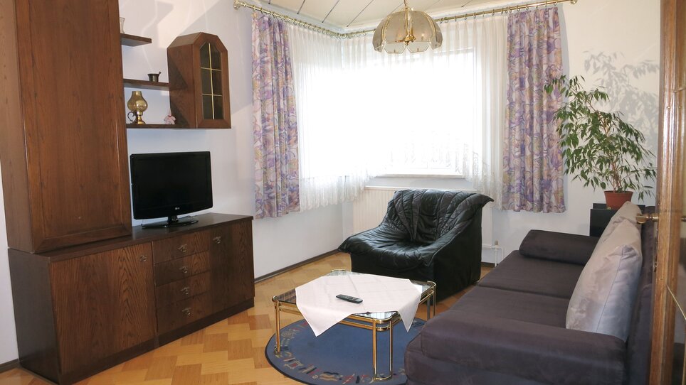 Wohnzimmer mit Fernseher und Pflanzen. | © App Harb