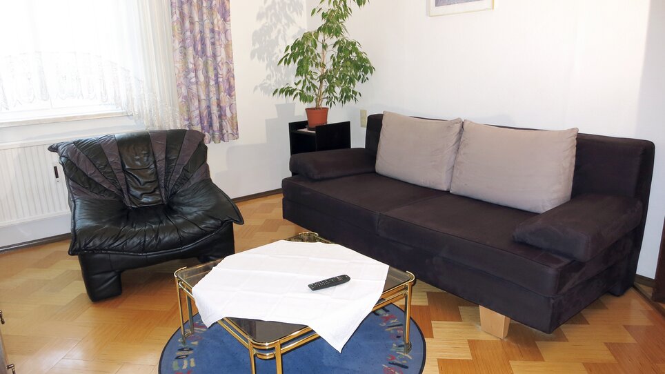 Wohnzimmer mit Sofa und Pflanze | © App Harb