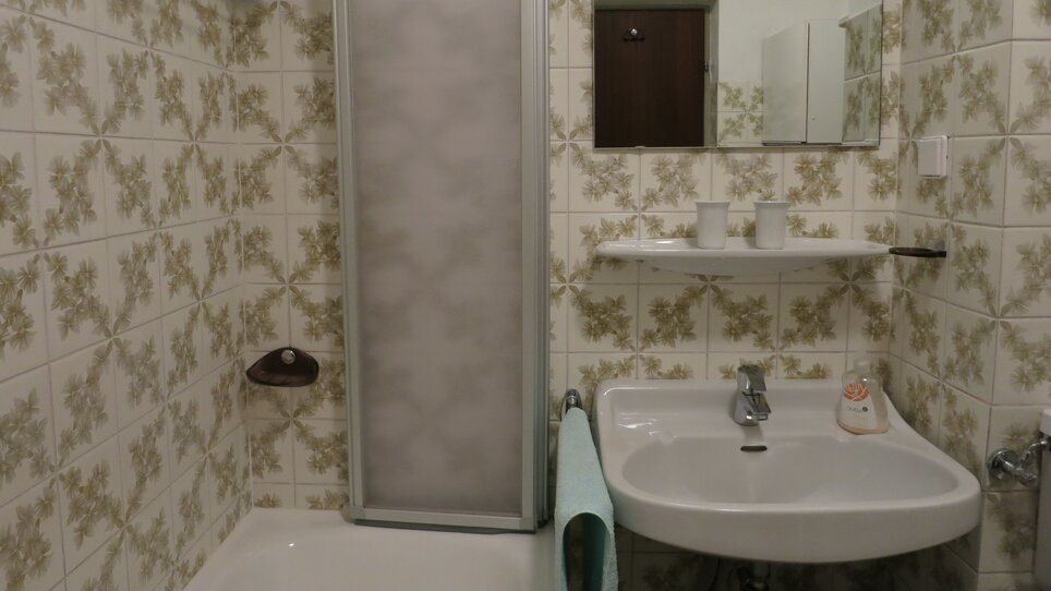 Kleines Badezimmer mit Dusche und Waschbecken. | © App Harb