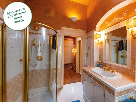 Bagno lussuoso con doccia e lavandino nell'appartamento