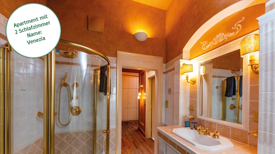 Bagno lussuoso con doccia e lavandino nell'appartamento