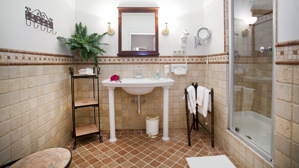 Bagno con lavabo, specchio e doccia. | © Haus Anna – Apartments im Garten