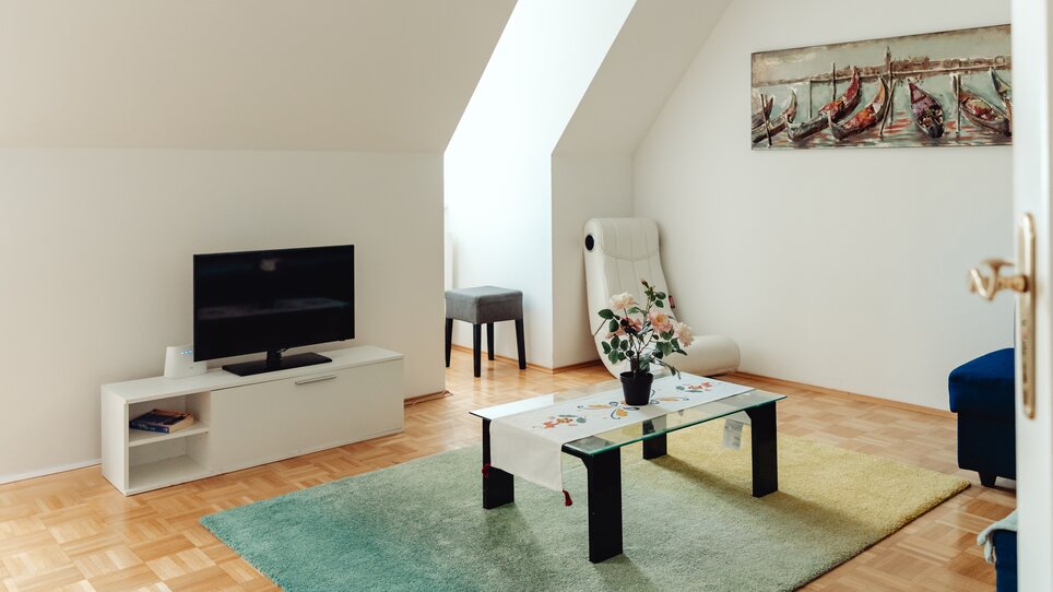 Ein modernes Wohnzimmer mit TV, Sofa, Tisch und Pflanzen. | © Lilians Apartments