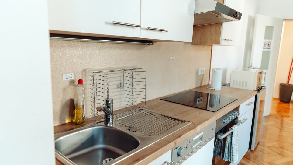 Helle Küche mit Spüle, Kochfeld und Kühlschrank. | © Lilians Apartments