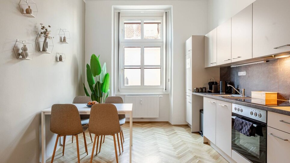 Helle Küche mit einem Tisch, Sesseln und einer grünen Pflanze. | © HERO HOMES Design Apartments