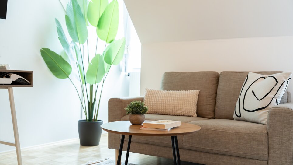Gemütliches Wohnzimmer mit Sofa, Pflanzen und Tisch. | © HERO HOMES Design Apartments