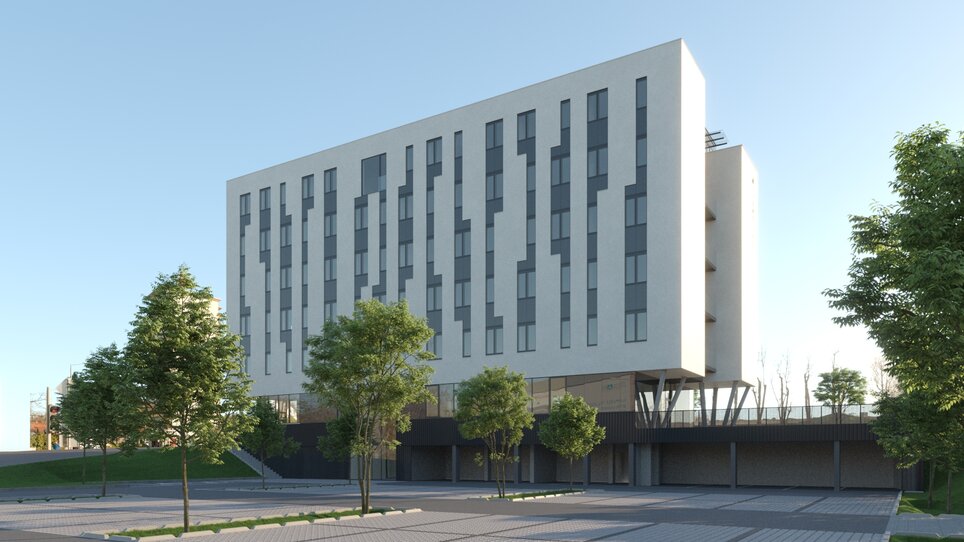 Facciata del TT-Rooms Apartment-Hotel con parcheggio e alberi. | © Tomo-Tec Immo GmbH