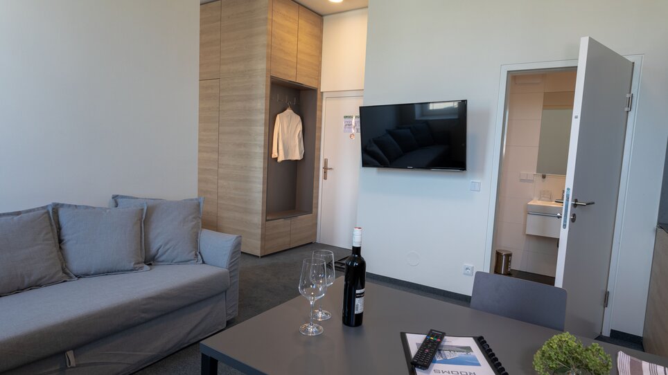 Un appartamento con divano, tavolo e TV. Il bagno è visibile sullo sfondo. | © Tomo-Tec Immo GmbH