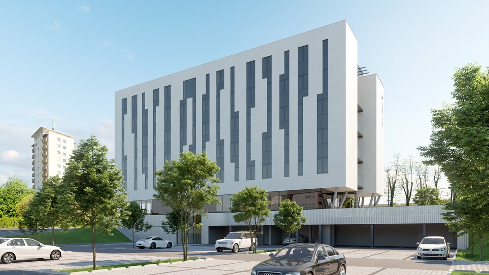 Vista dell'Hotel Appartamenti TT-Rooms con alberi e auto. | © Tomo-Tec Immo GmbH