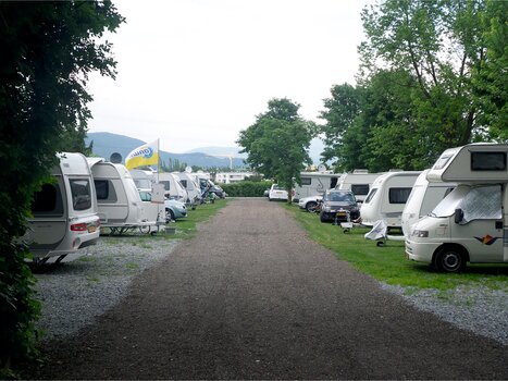 Blick auf den Reisemobil-Stellplatz Graz mit parkenden Fahrzeugen. | © Alfred Chyba