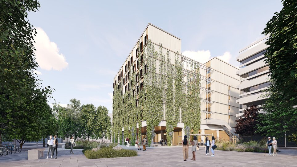 Außenansicht des harry's home Graz-Smart City mit Pflanzenelementen. | © harry's home Graz-Smart City
