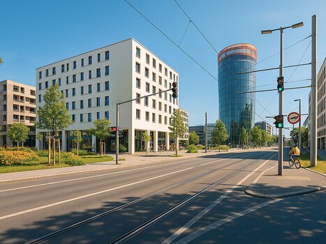 Das harry's home Graz-Smart City Hotel, ein modernes Gebäude und ein Radfahrer. | © harry's home Graz-Smart City