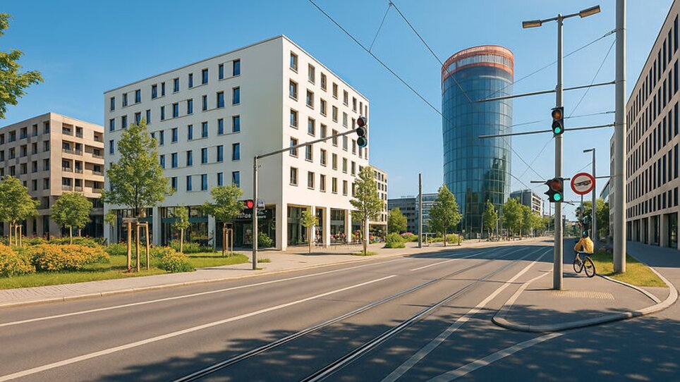 Das harry's home Graz-Smart City Hotel, ein modernes Gebäude und ein Radfahrer. | © harry's home Graz-Smart City